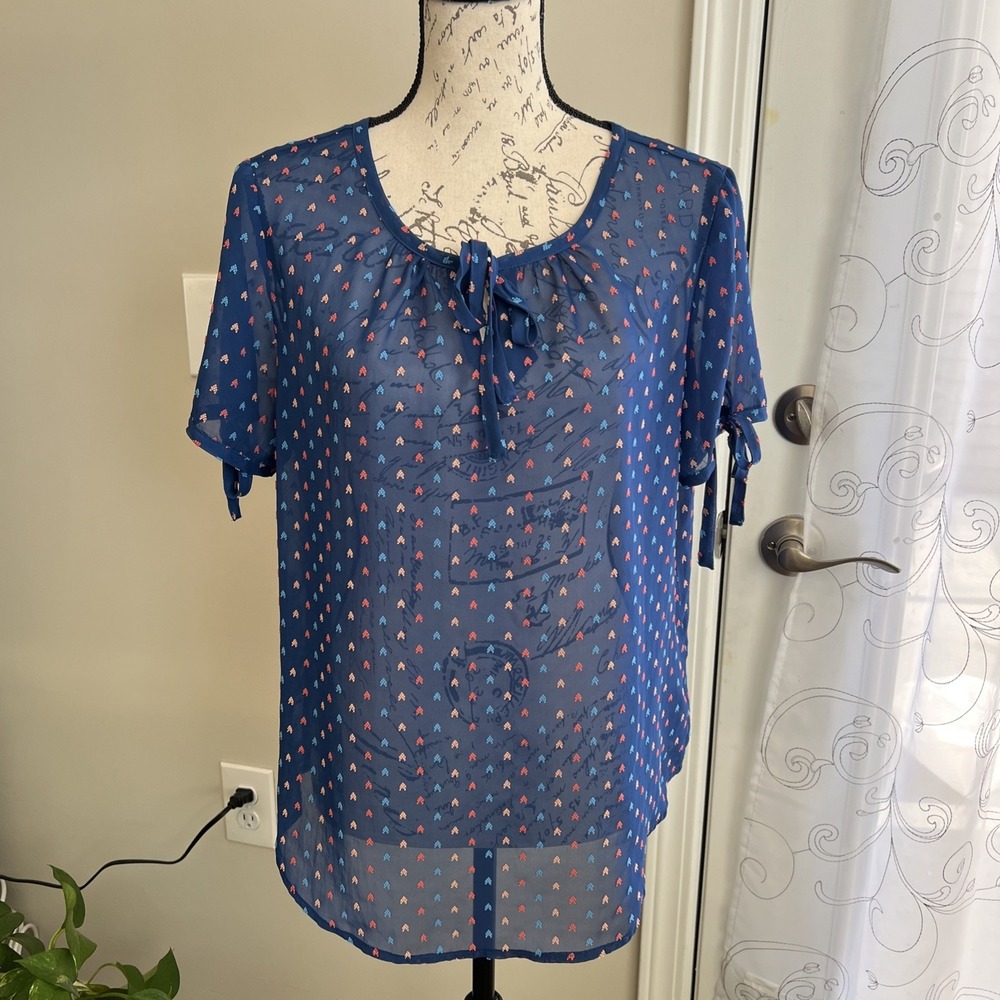 Tribal Sheer Textured Top Women's Medium‎ Blue Multicolor Geometric Feminine